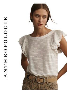 Anthro White Flutter Sleeve Top Small Ribbed Ruffle Blouse Cottagecore Feminine